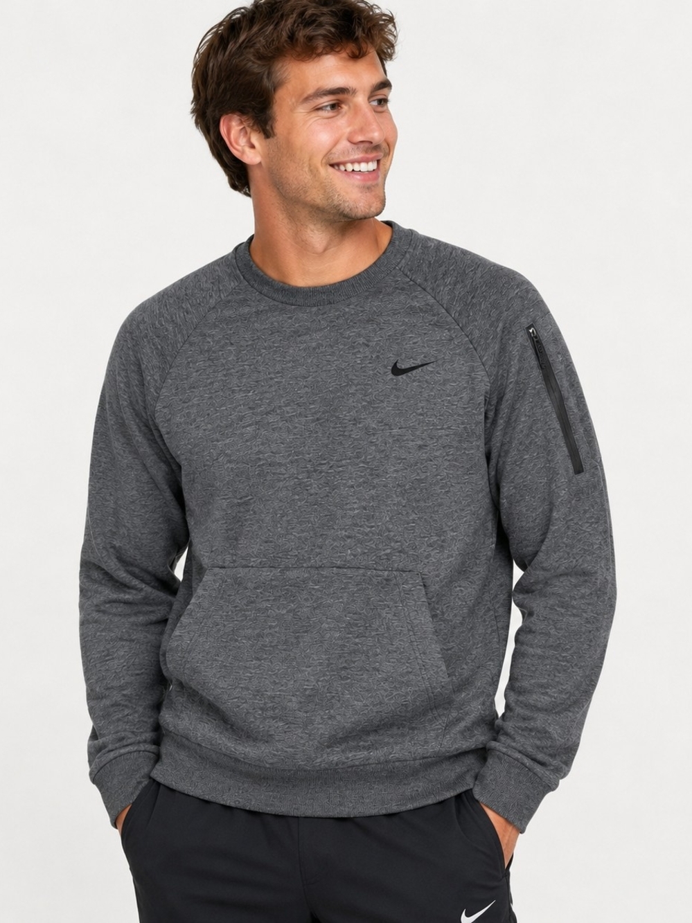 Nike Men’s Medium Therma-FIT Gray Crewneck Sweatshirt Kangaroo Zip Pocket